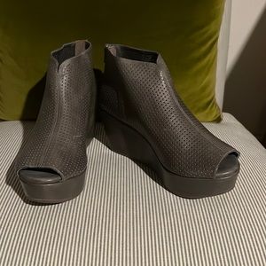 Grey leather peep toe wedge booties